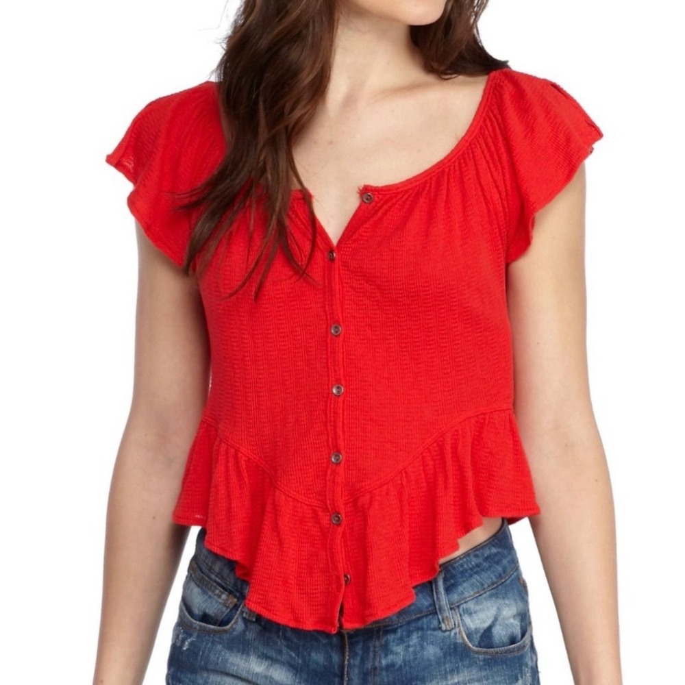 We The Free People Red Waffle Knit Ruffle Button Front Thermal Top Small